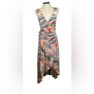 Izzy & Lola High Low Wrap Dress in Pink and Green Tropical Print. Size S.